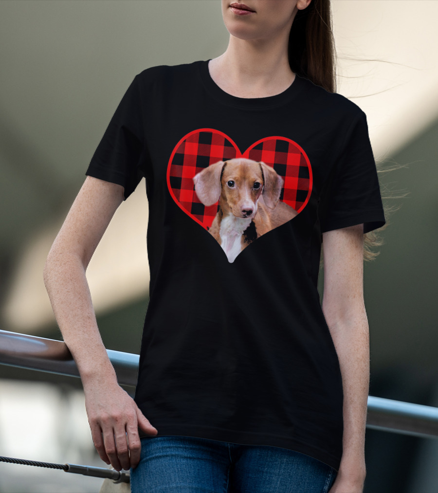 Dachshund In Red Plaid Heart Valentine's Day T-Shirt