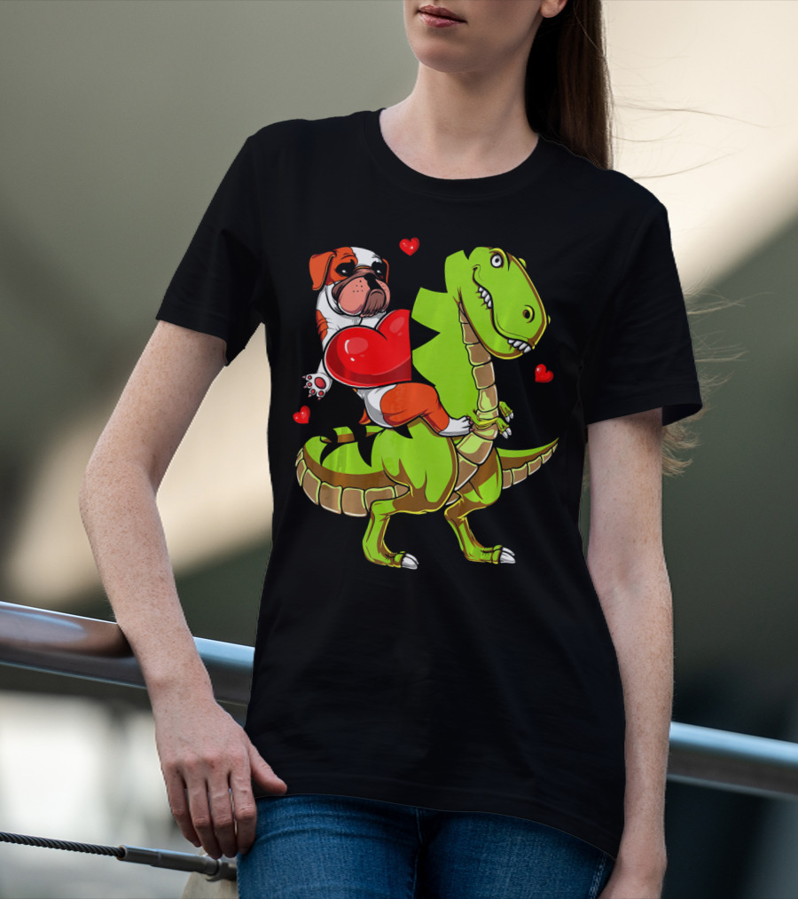 English Bulldog Hugging Red Heart Riding Green T-Rex Dinosaur With Hearts T-Shirt
