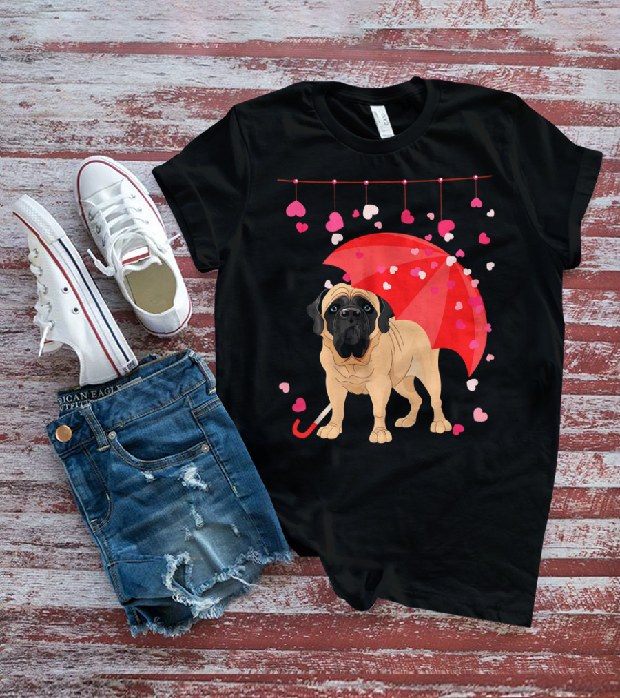 English Mastiff Under Red Umbrella With Raining Hearts Valentine T-Shirt