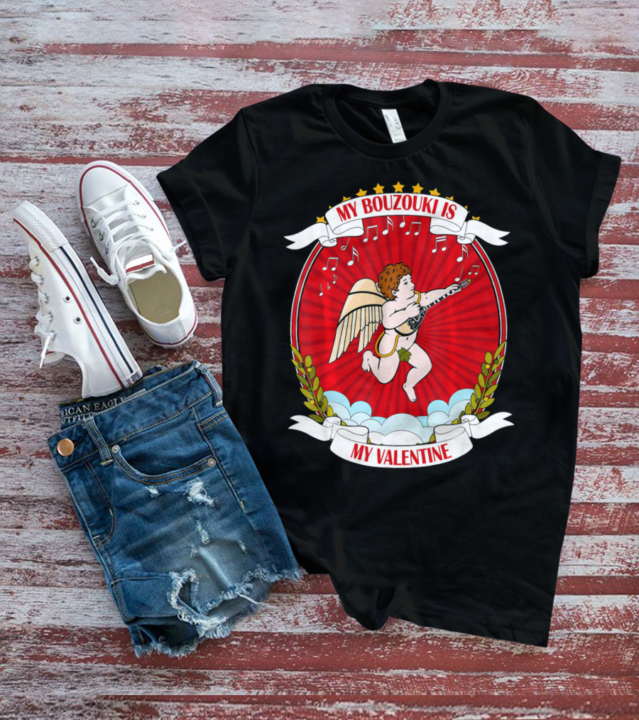 My Bouzouki Is My Valentine Cherub With Wings And Musical Notes T-Shirt