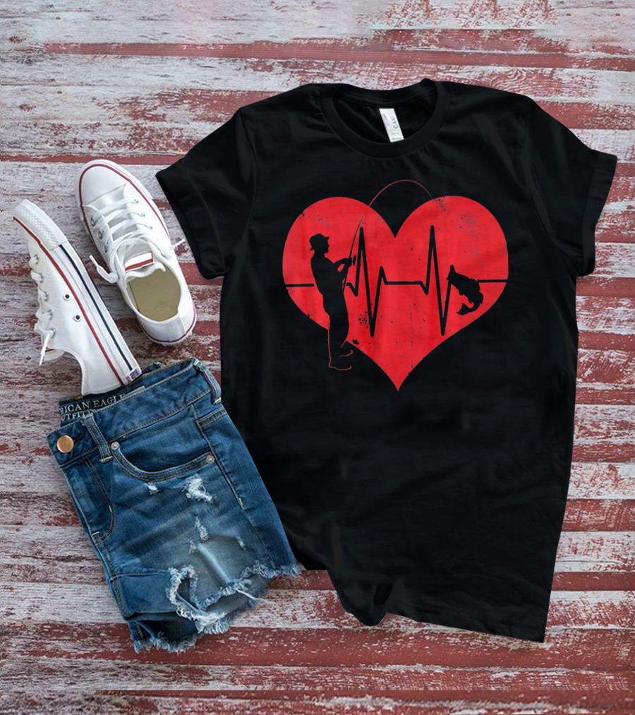 Fishing Heartbeat Valentines Day Heart Fisherman T-Shirt