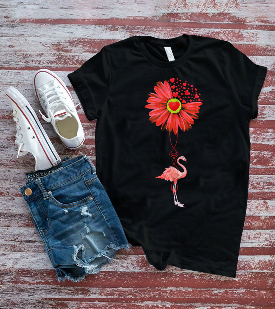 Flamingo With Red Heart Sunflower And Balloon Of Love T-Shirt