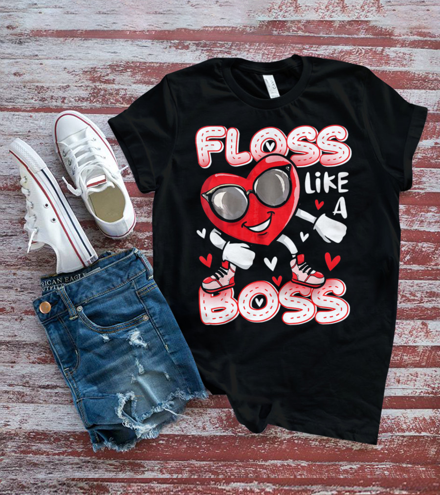 Floss Like A Boss Dancing Heart Sunglasses Valentines Fun T-Shirt