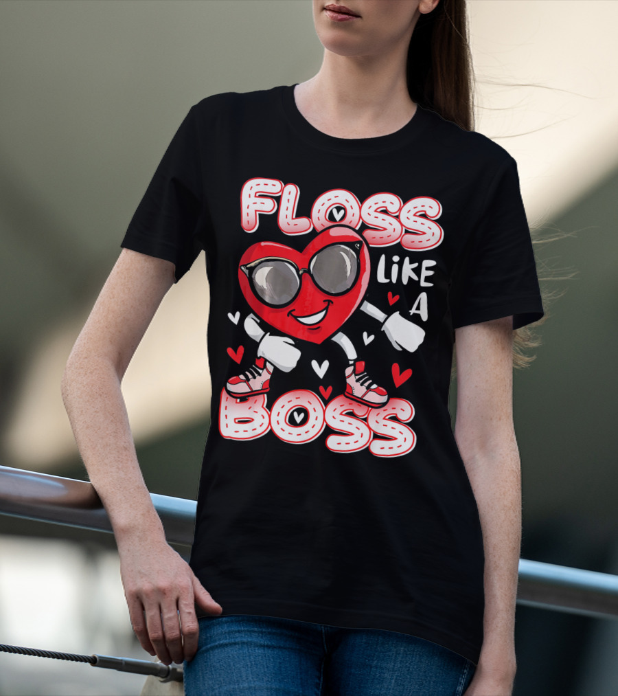 Floss Like A Boss Dancing Heart Sunglasses Valentines Fun T-Shirt
