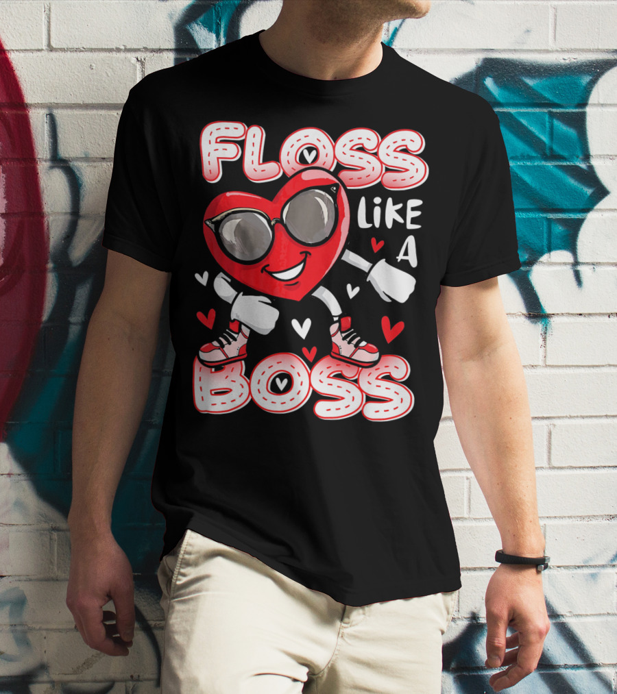 Floss Like A Boss Dancing Heart Sunglasses Valentines Fun T-Shirt