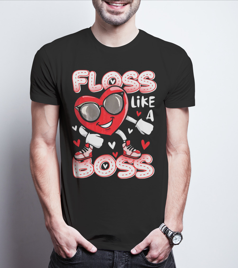 Floss Like A Boss Dancing Heart Sunglasses Valentines Fun T-Shirt