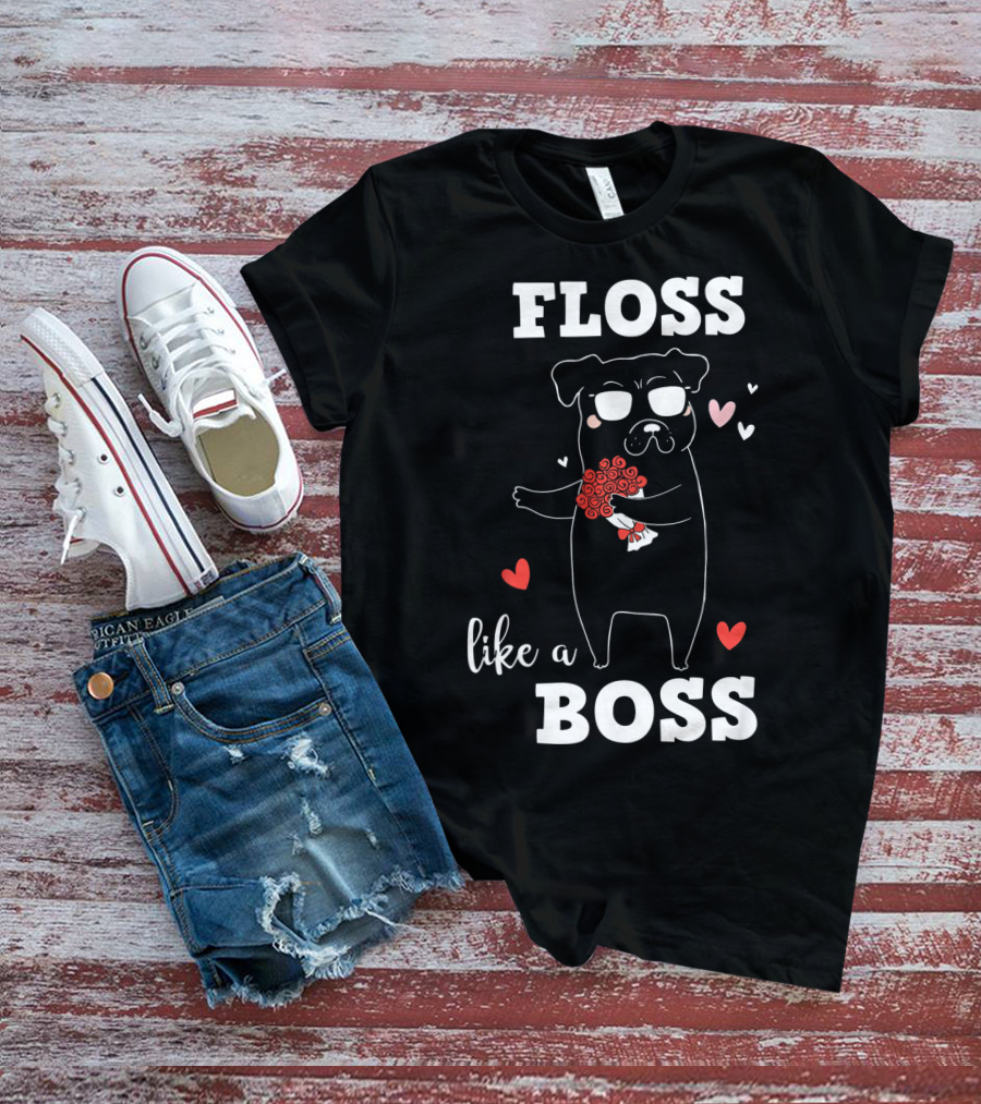 Floss Like A Boss Valentines Day Dog Holding Flowers With Hearts T-Shirt
