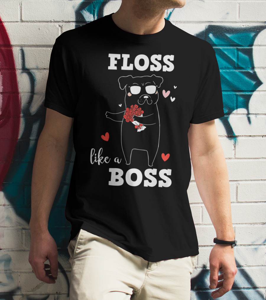Floss Like A Boss Valentines Day Dog Holding Flowers With Hearts T-Shirt