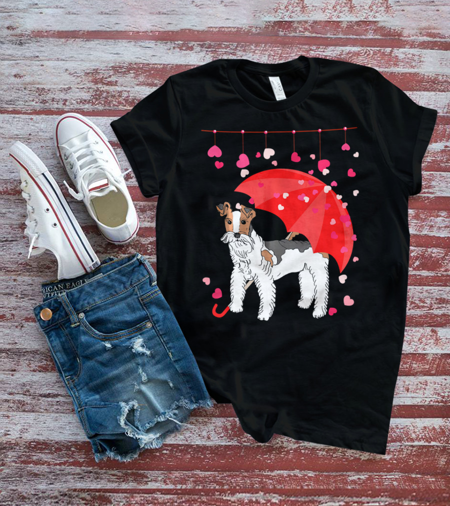 Fox Terrier With Red Umbrella And Falling Hearts Valentines T-Shirt