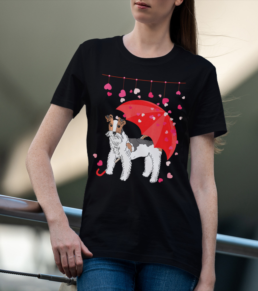 Fox Terrier With Red Umbrella And Falling Hearts Valentines T-Shirt