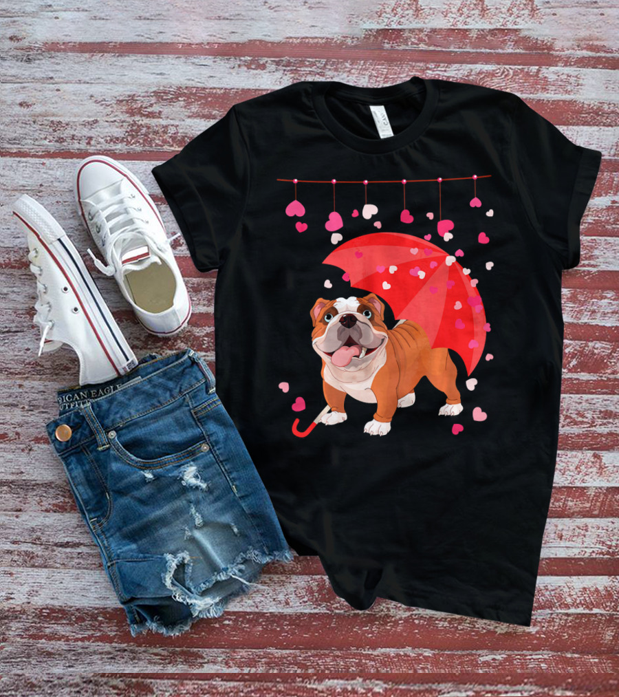 French Bulldog Raining Hearts Under Red Umbrella Valentines T-Shirt
