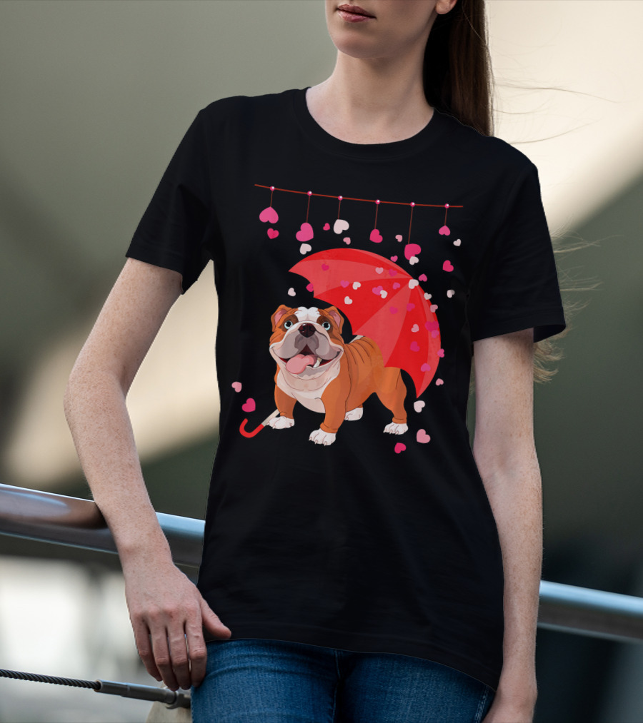 French Bulldog Raining Hearts Under Red Umbrella Valentines T-Shirt