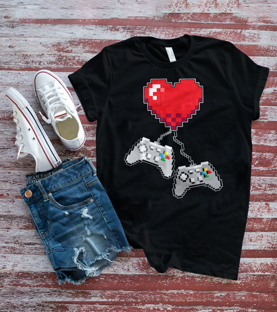 Pixel Heart Gaming Valentine Dual Controller Fun T-Shirt