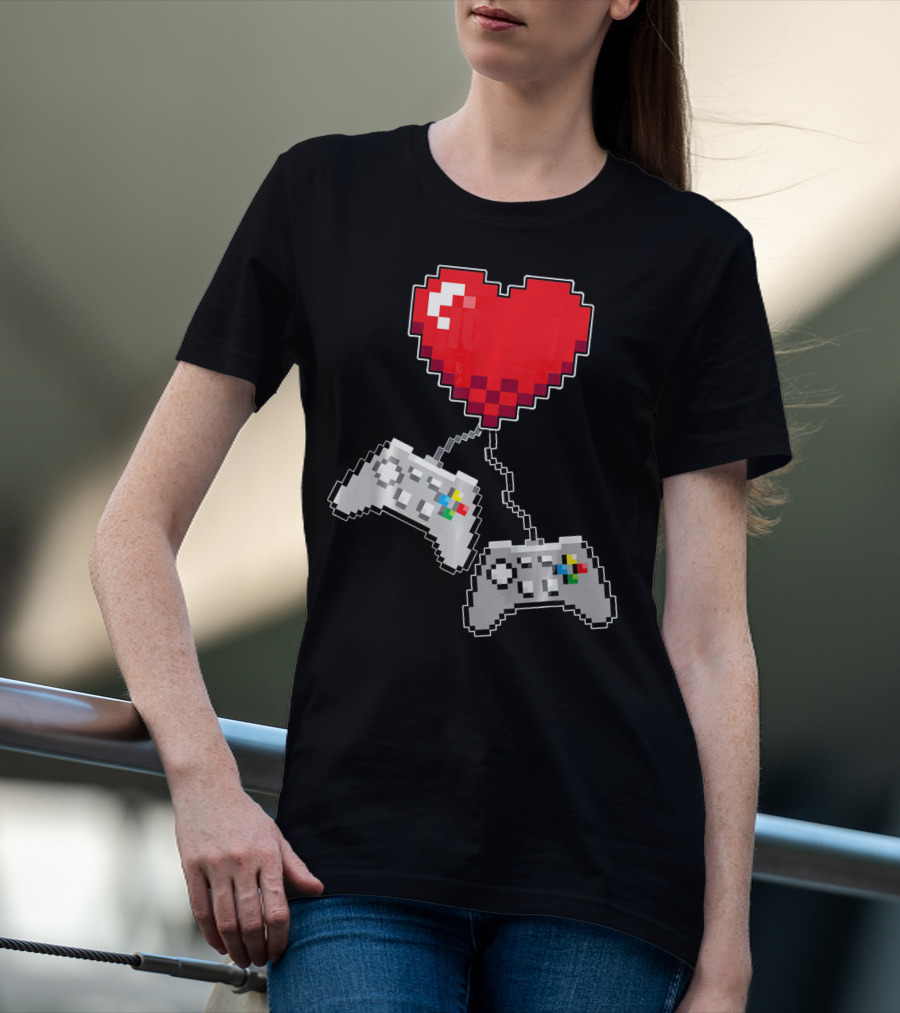 Pixel Heart Gaming Valentine Dual Controller Fun T-Shirt