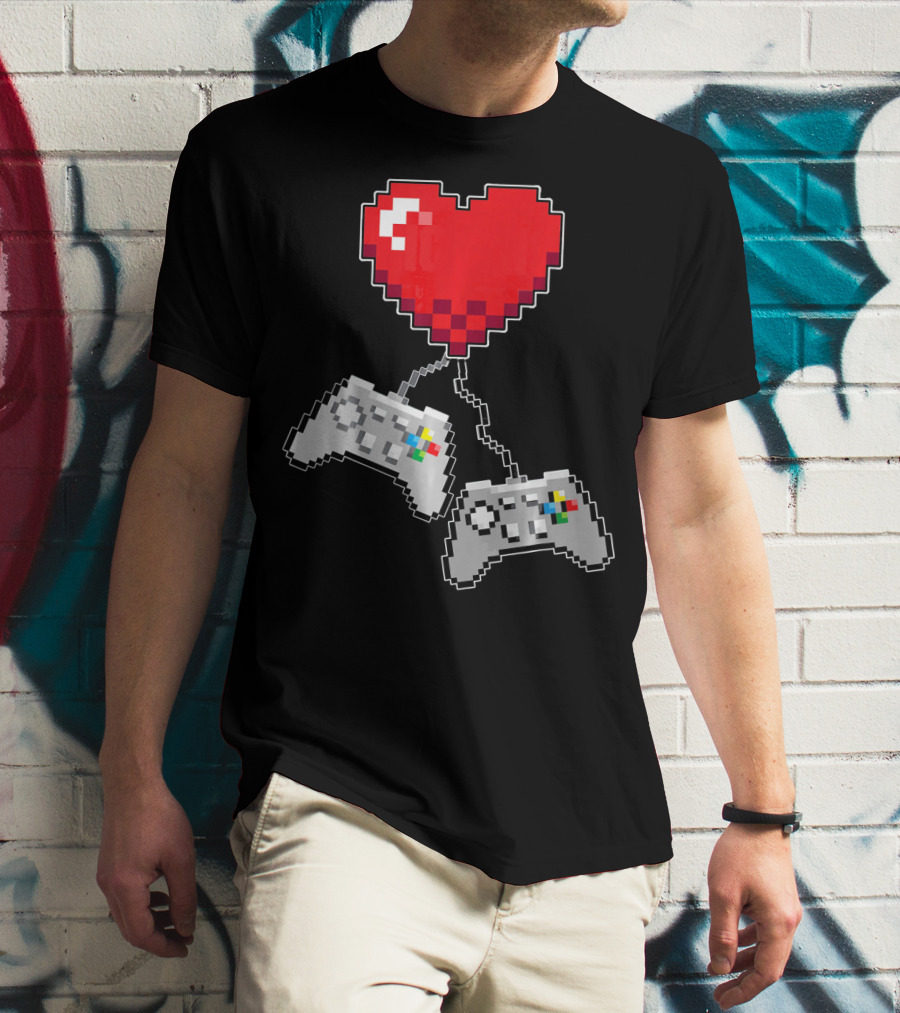 Pixel Heart Gaming Valentine Dual Controller Fun T-Shirt