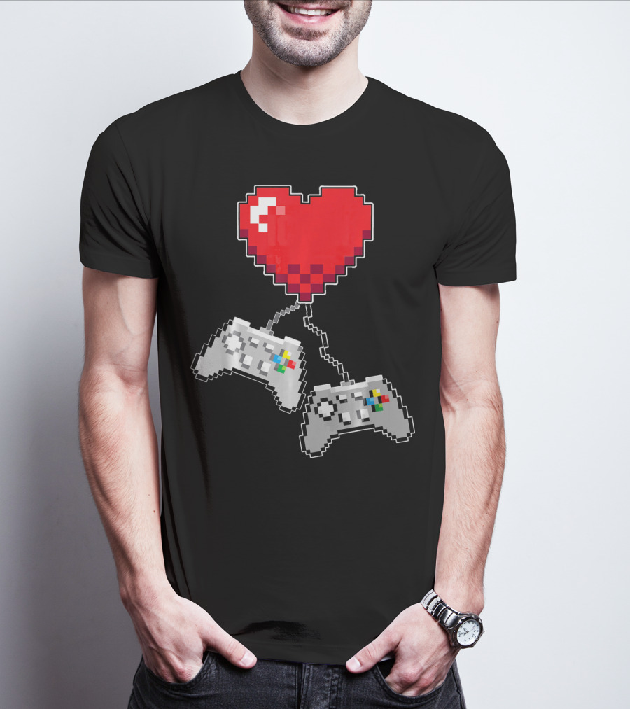 Pixel Heart Gaming Valentine Dual Controller Fun T-Shirt