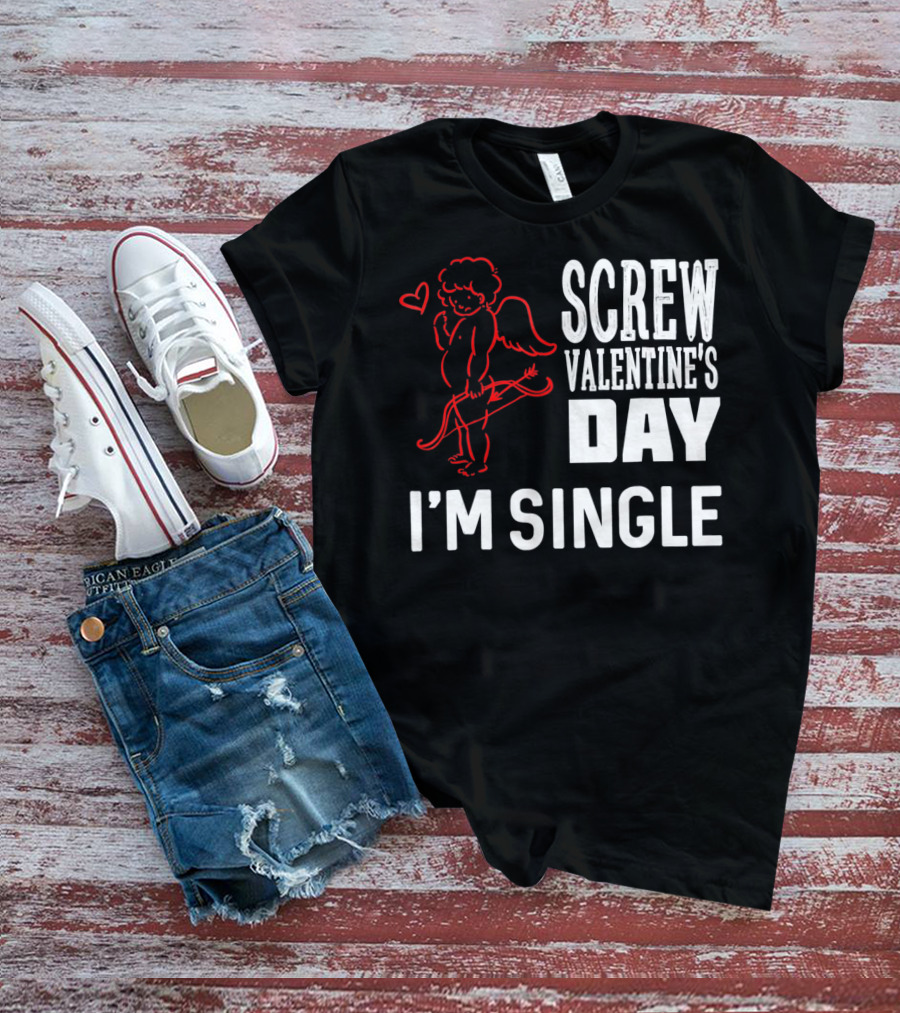 Screw Valentine's Day I'm Single Cupid Heart Drawing T-Shirt