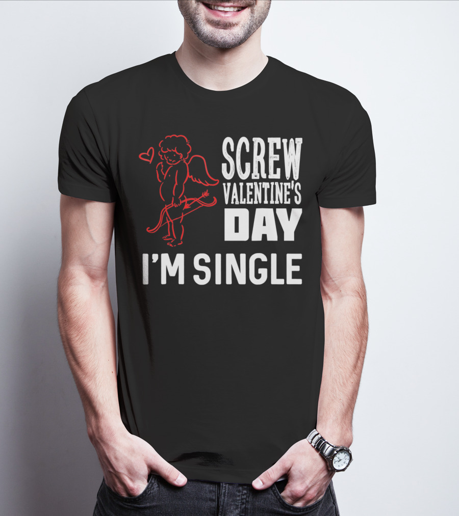 Screw Valentine's Day I'm Single Cupid Heart Drawing T-Shirt