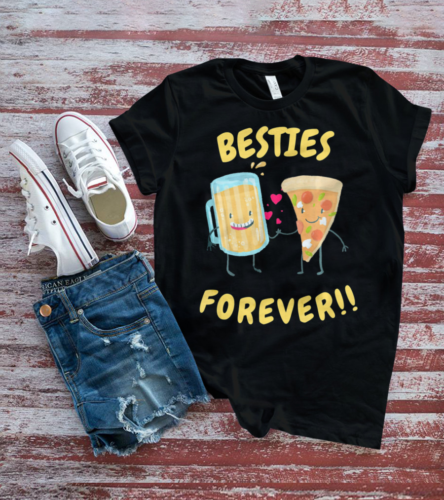 Besties Forever Beer And Pizza Lover Characters T-Shirt