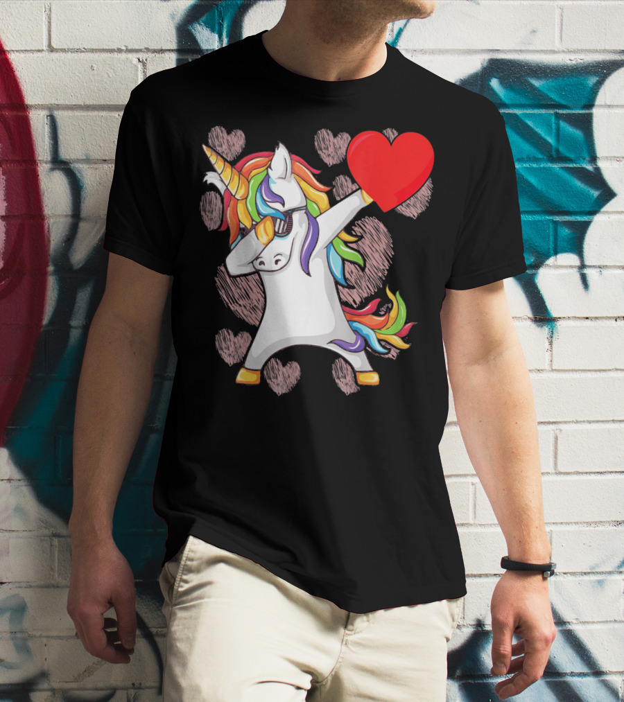Funny Dabbing Unicorn Holding Heart Valentines T-Shirt