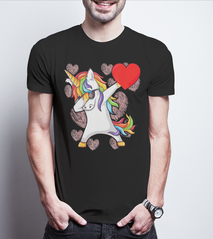 Funny Dabbing Unicorn Holding Heart Valentines T-Shirt