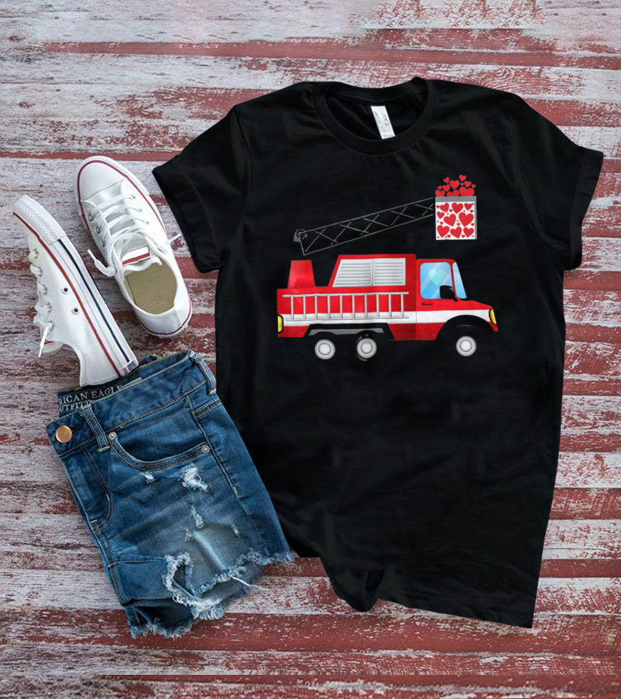 Valentine Hearts Fire Truck With Ladder And Firefighter Emblem T-Shirt
