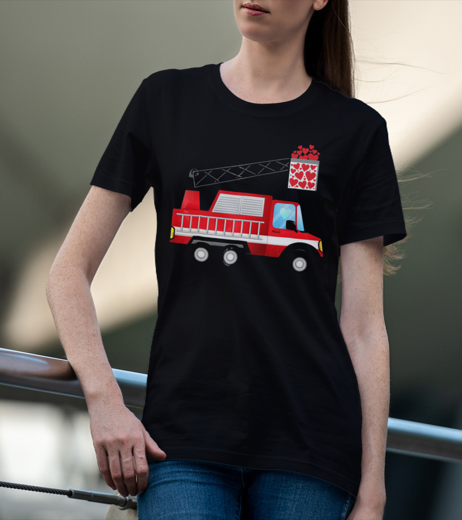 Valentine Hearts Fire Truck With Ladder And Firefighter Emblem T-Shirt
