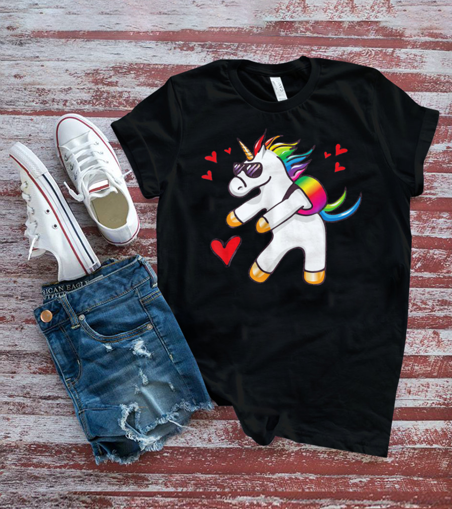 Valentine's Day Flossing Unicorn With Heart And Sunglasses T-Shirt