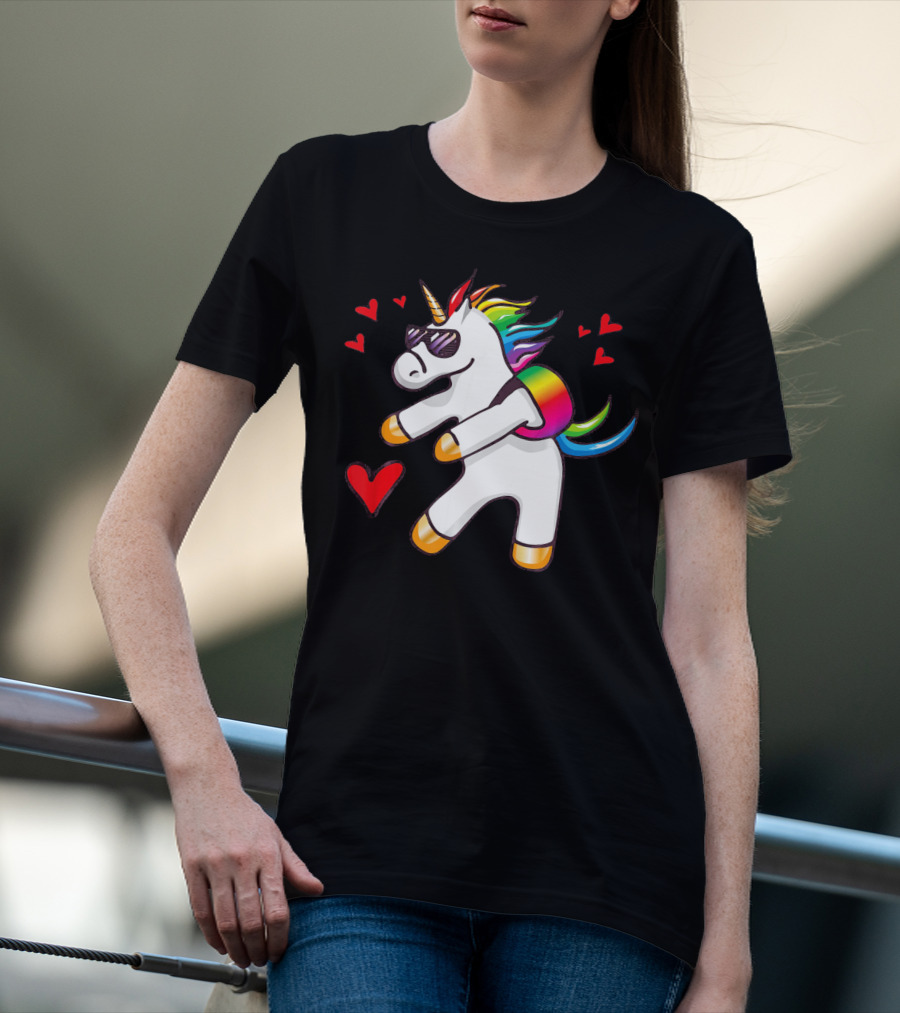 Valentine's Day Flossing Unicorn With Heart And Sunglasses T-Shirt