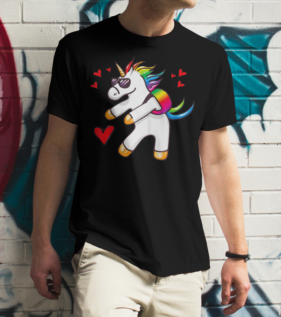 Valentine's Day Flossing Unicorn With Heart And Sunglasses T-Shirt