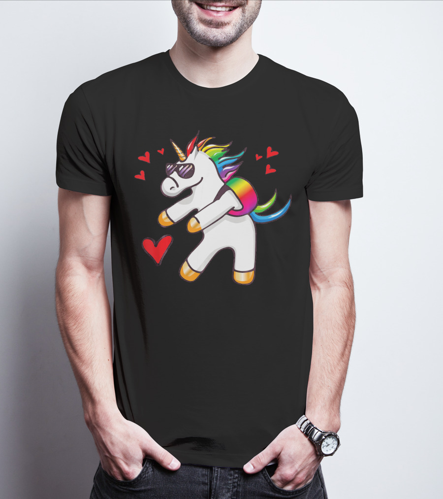 Valentine's Day Flossing Unicorn With Heart And Sunglasses T-Shirt