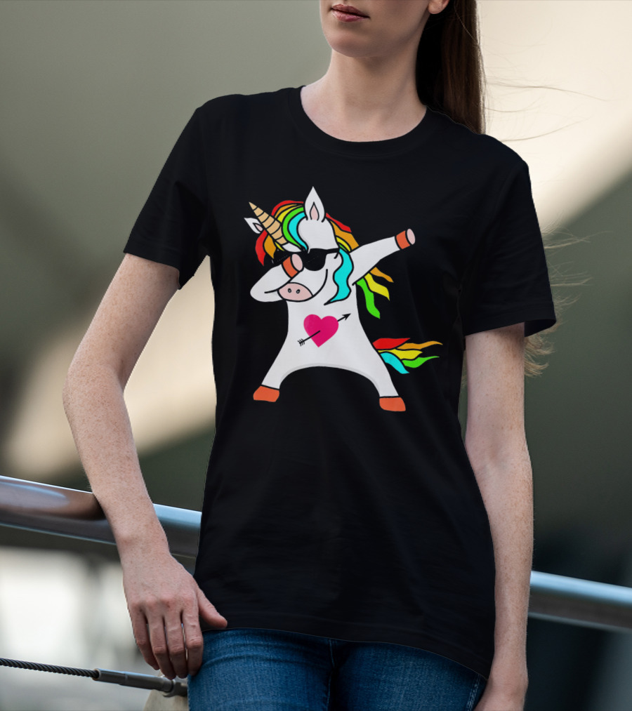 Funny Heart Valentines Day Dabbing Unicorn With Rainbow Mane And Sunglasses T-Shirt