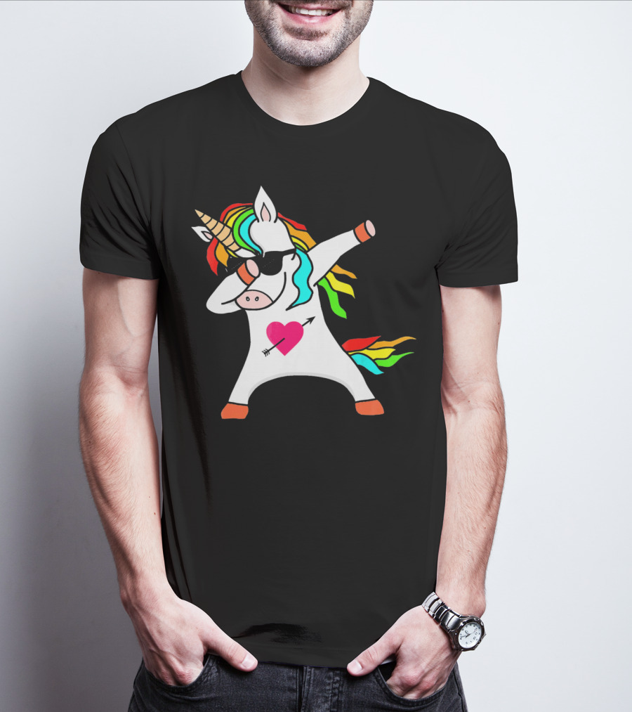 Funny Heart Valentines Day Dabbing Unicorn With Rainbow Mane And Sunglasses T-Shirt