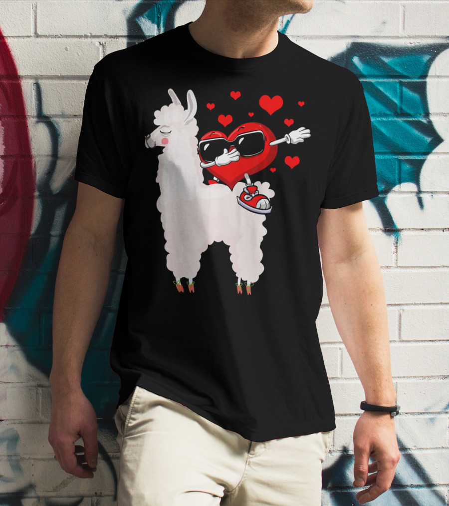 Funny Heart Dabbing On Llama Surrounded By Hearts Valentin T-Shirt
