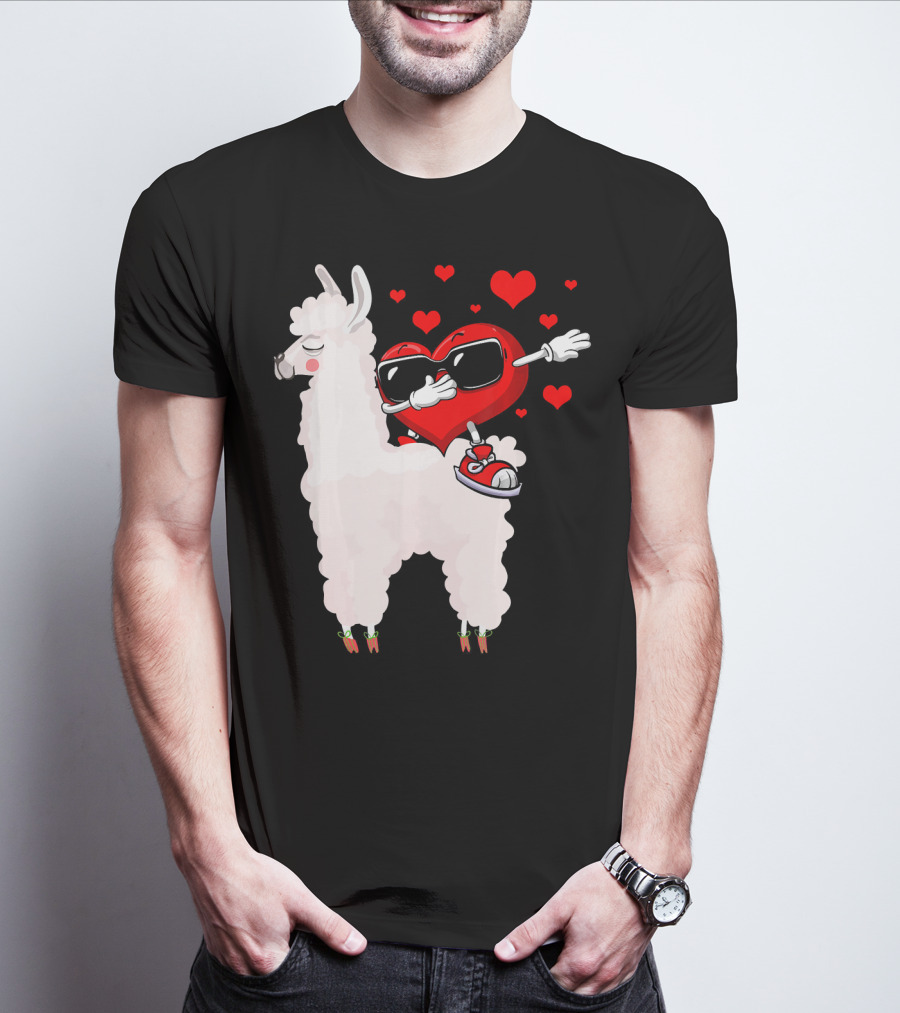 Funny Heart Dabbing On Llama Surrounded By Hearts Valentin T-Shirt