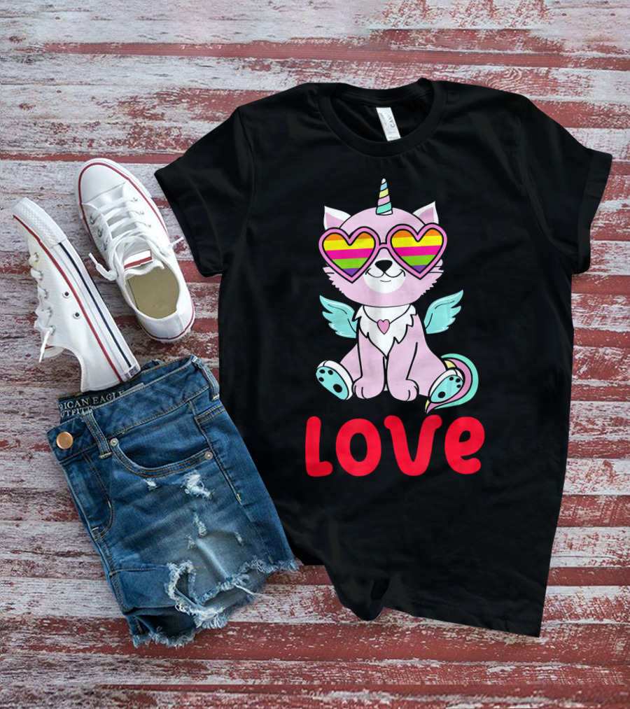 Valentines Day Love Heart Caticorn With Rainbow Sunglasses T-Shirt