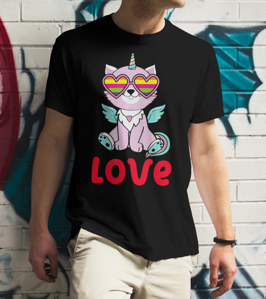 Valentines Day Love Heart Caticorn With Rainbow Sunglasses T-Shirt