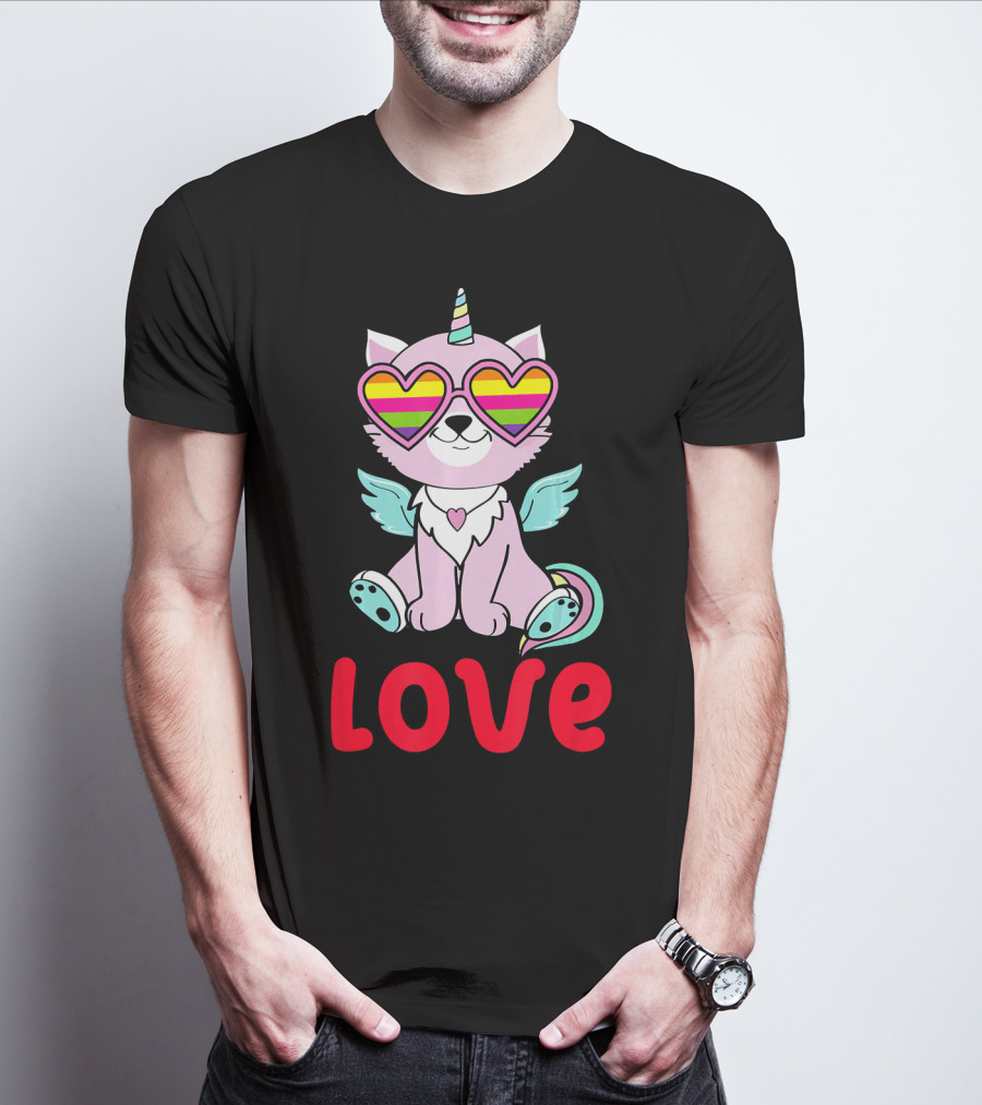 Valentines Day Love Heart Caticorn With Rainbow Sunglasses T-Shirt