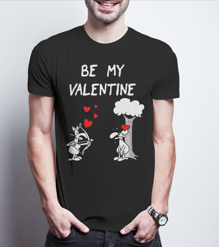 BE MY VALENTINE Funny Valentines Day Cupid Cartoon Hearts Tree T-Shirt