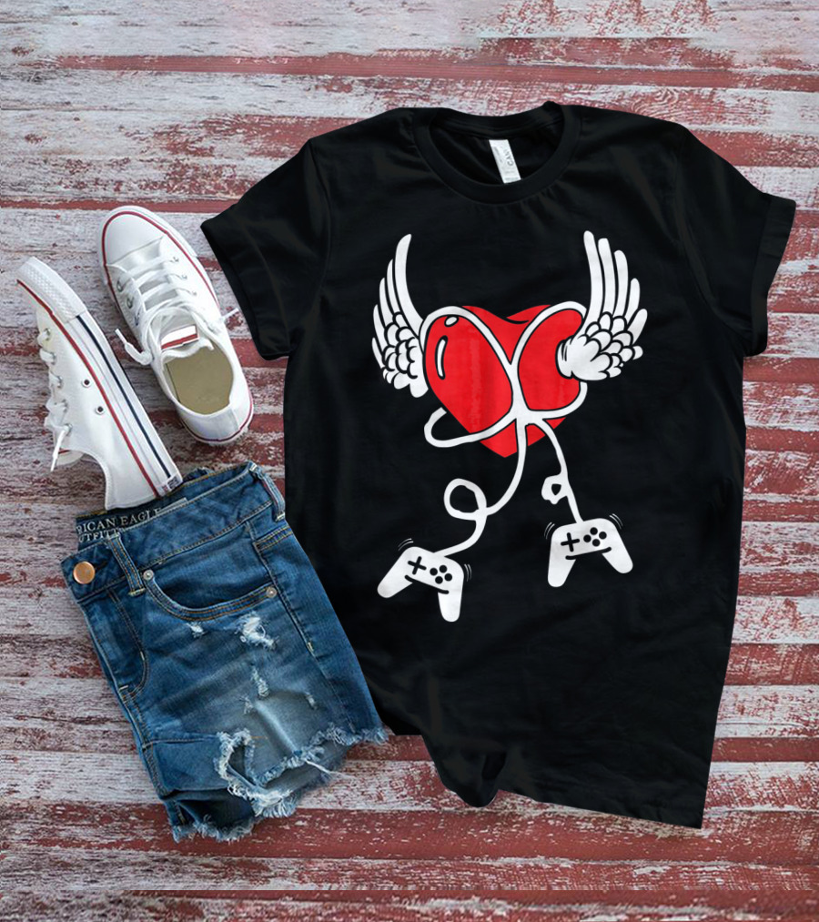 Valentines Day Heart With Wings And Video Gamer Controllers T-Shirt