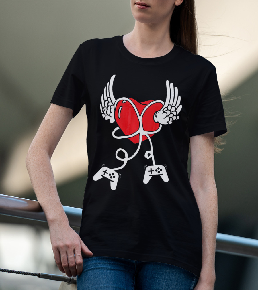 Valentines Day Heart With Wings And Video Gamer Controllers T-Shirt