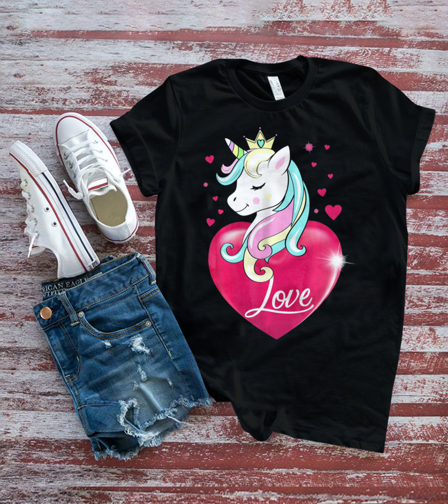Love Heart Unicorn With Crown And Hearts Valentine's Day T-Shirt