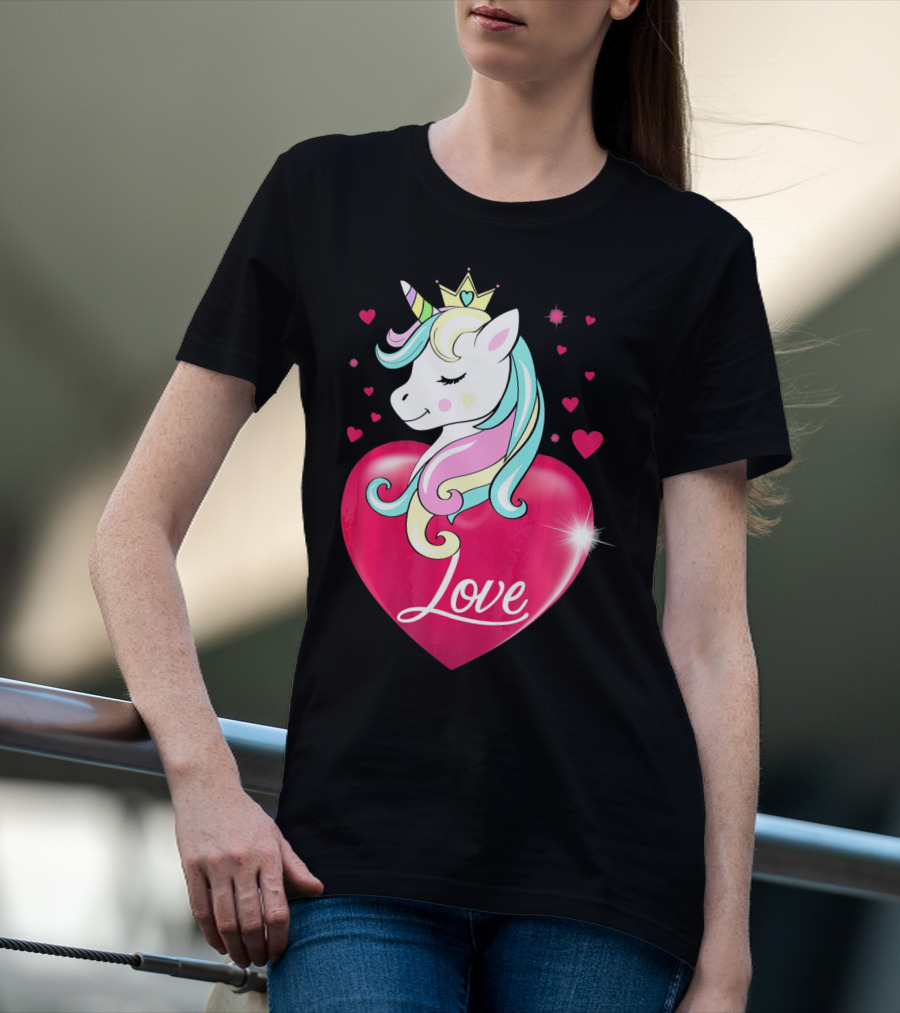 Love Heart Unicorn With Crown And Hearts Valentine's Day T-Shirt