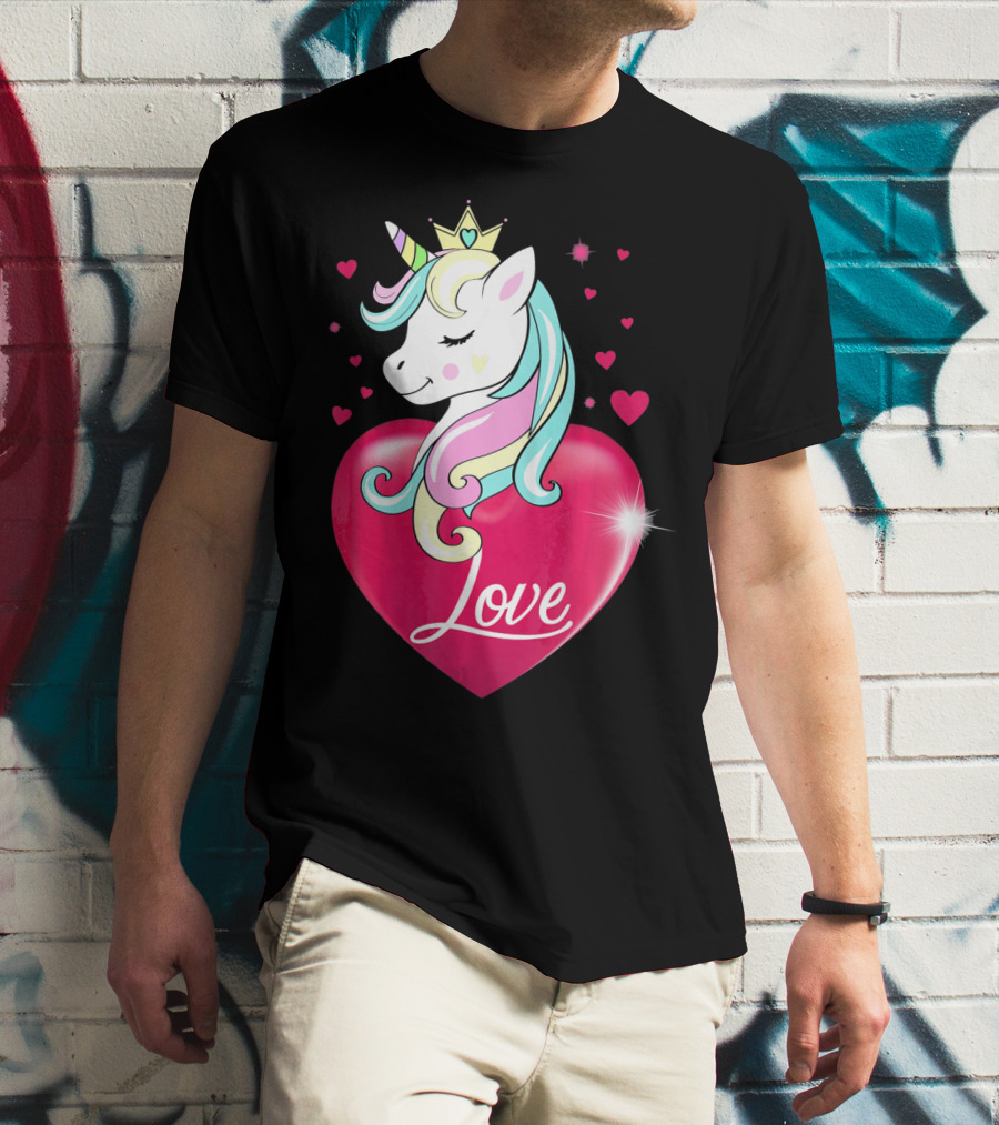 Love Heart Unicorn With Crown And Hearts Valentine's Day T-Shirt