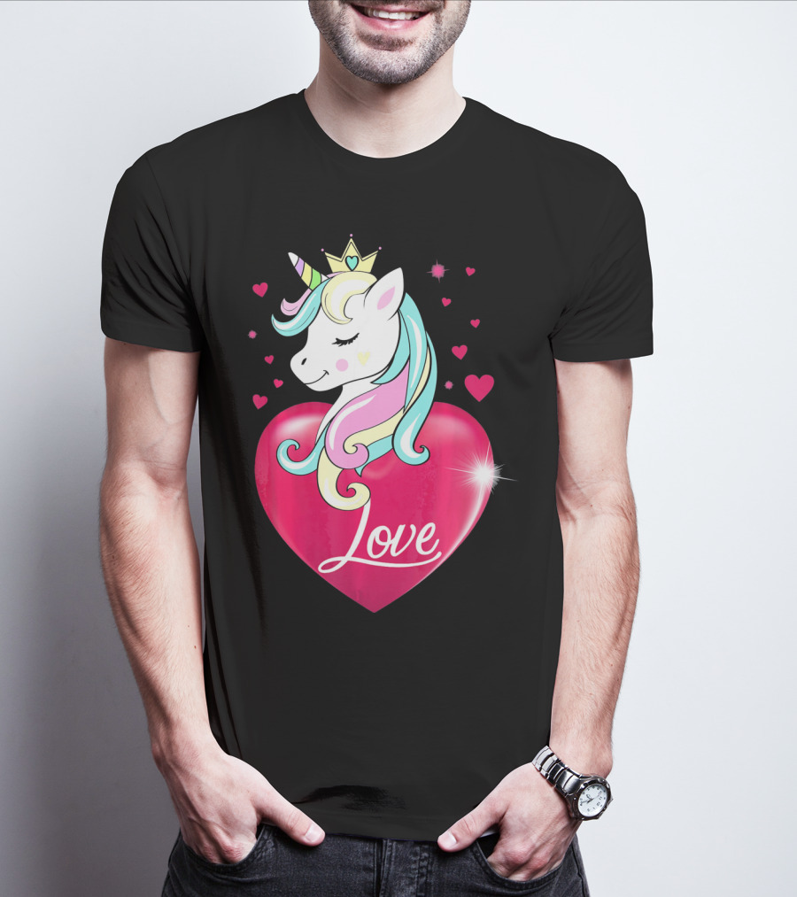 Love Heart Unicorn With Crown And Hearts Valentine's Day T-Shirt