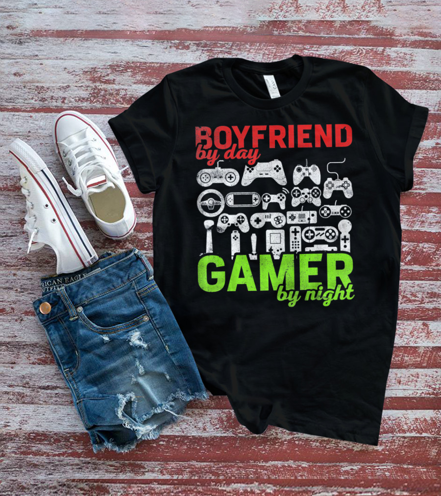 Boyfriend By Day Gamer By Night Valentines Day Gamer Controllers T-Shirt