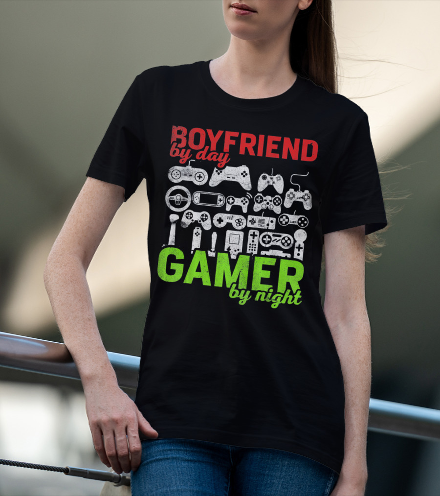 Boyfriend By Day Gamer By Night Valentines Day Gamer Controllers T-Shirt