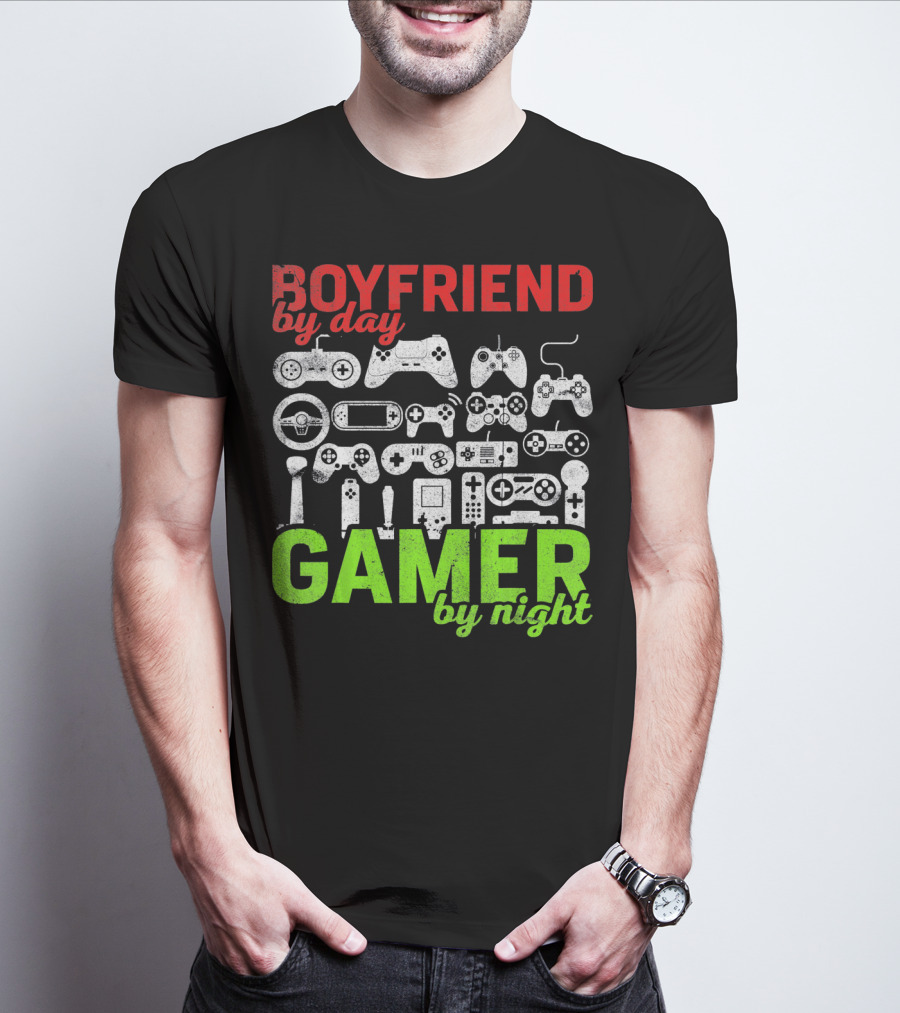 Boyfriend By Day Gamer By Night Valentines Day Gamer Controllers T-Shirt