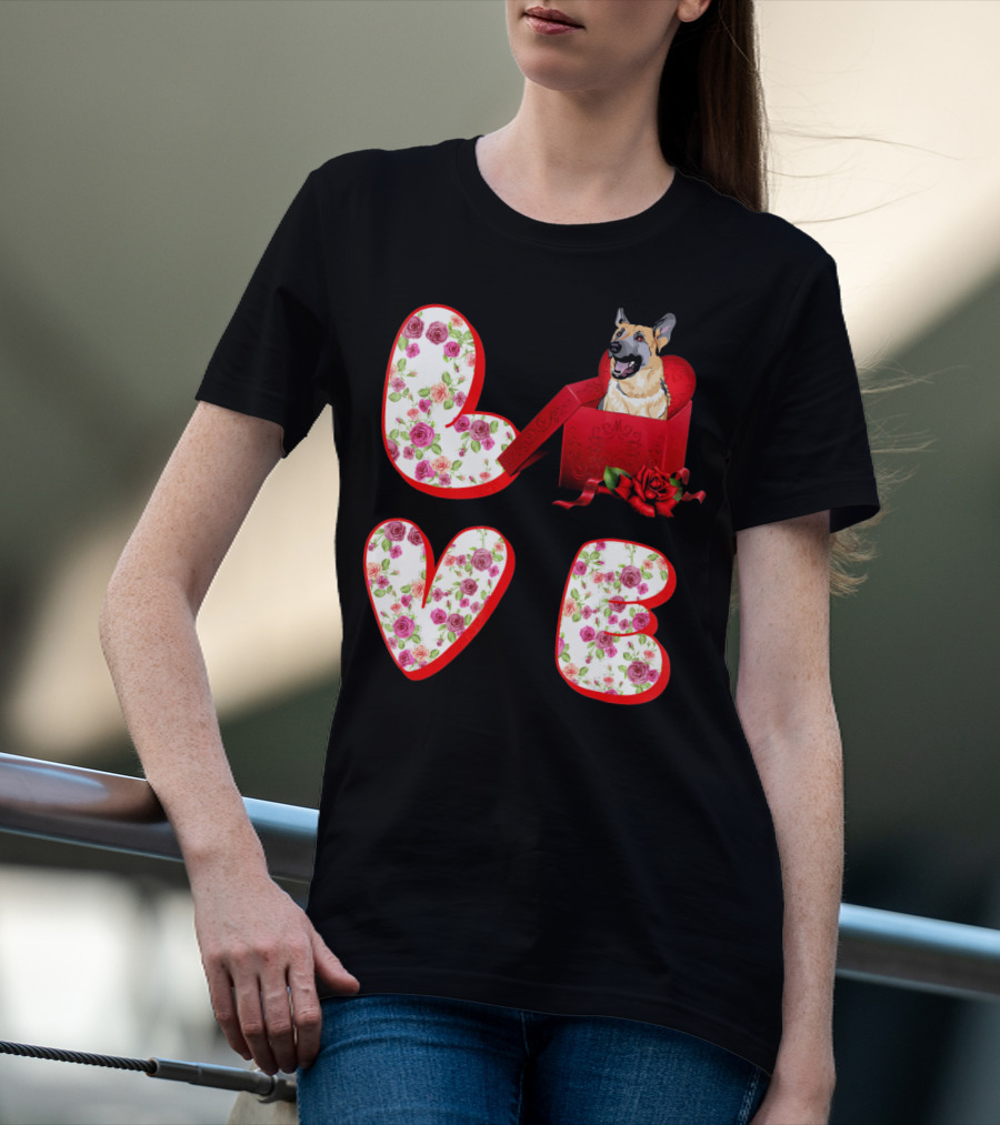 Valentine Love With German Shepherd In Floral Heart T-Shirt