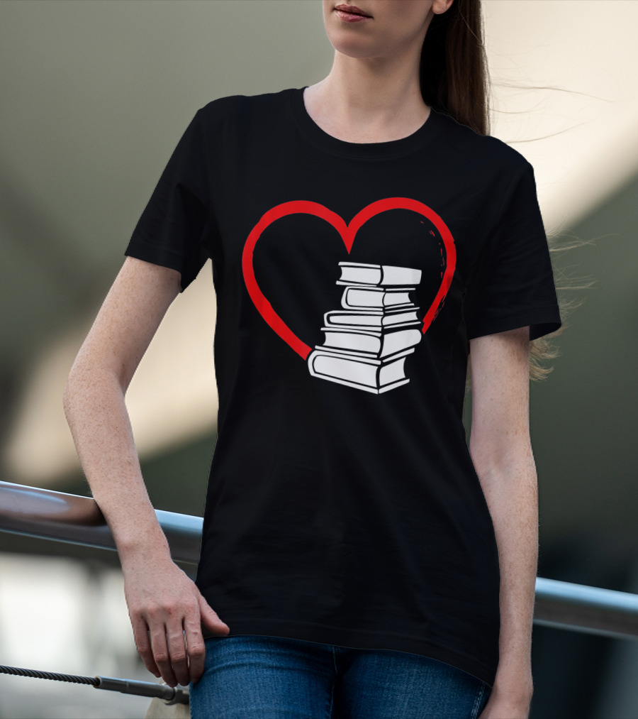 Heart And Book Stack For Book Lovers T-Shirt